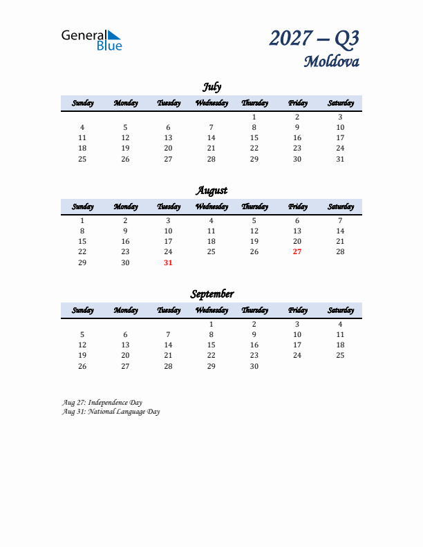 July, August, and September Calendar for Moldova with Sunday Start