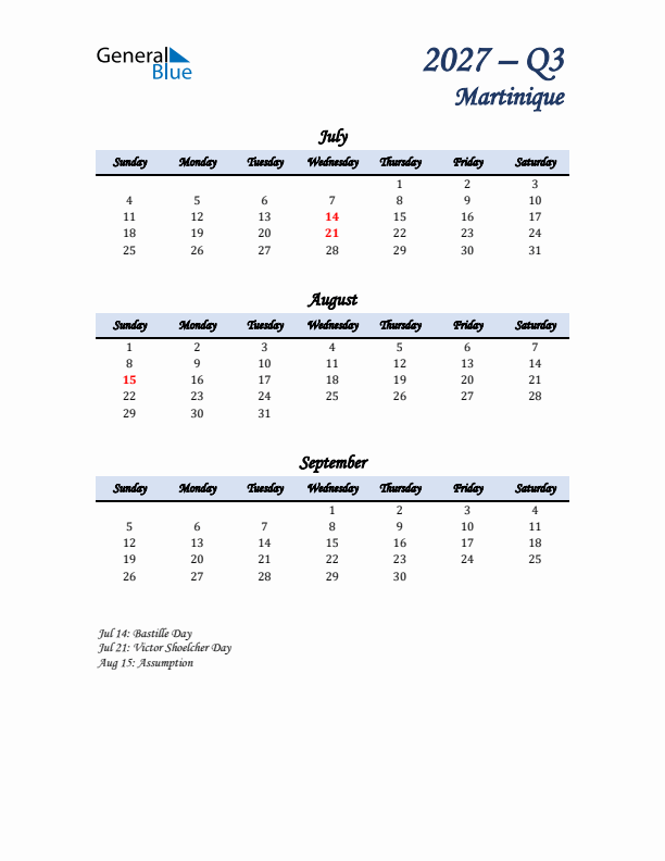 July, August, and September Calendar for Martinique with Sunday Start