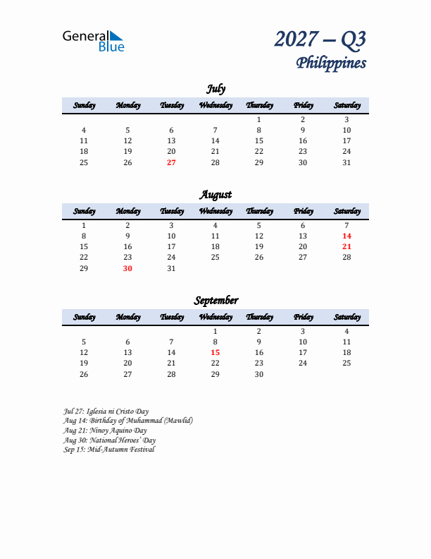 July, August, and September Calendar for Philippines with Sunday Start