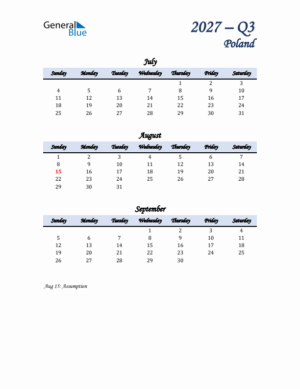 July, August, and September Calendar for Poland with Sunday Start