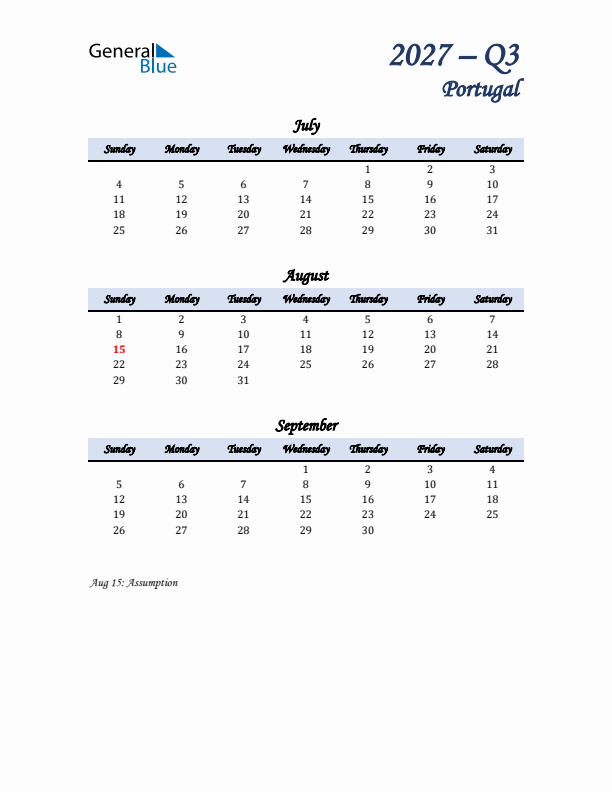 July, August, and September Calendar for Portugal with Sunday Start