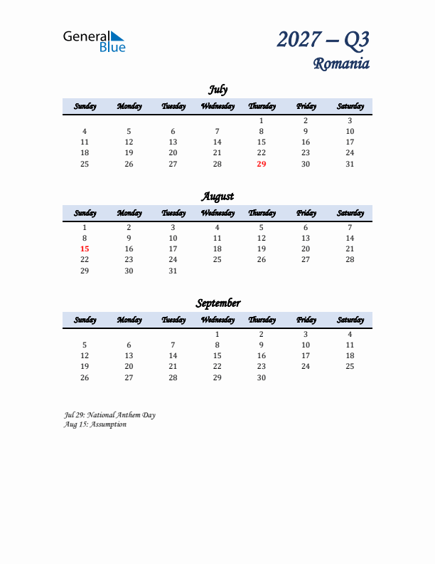 July, August, and September Calendar for Romania with Sunday Start