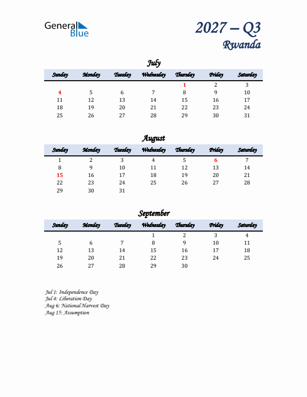 July, August, and September Calendar for Rwanda with Sunday Start