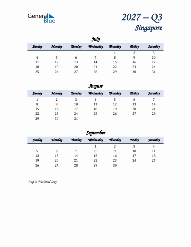 July, August, and September Calendar for Singapore with Sunday Start