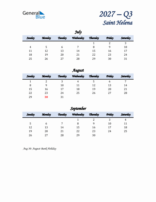 July, August, and September Calendar for Saint Helena with Sunday Start