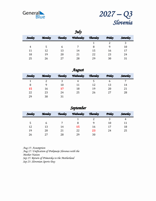 July, August, and September Calendar for Slovenia with Sunday Start