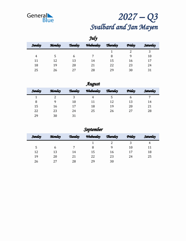 July, August, and September Calendar for Svalbard and Jan Mayen with Sunday Start