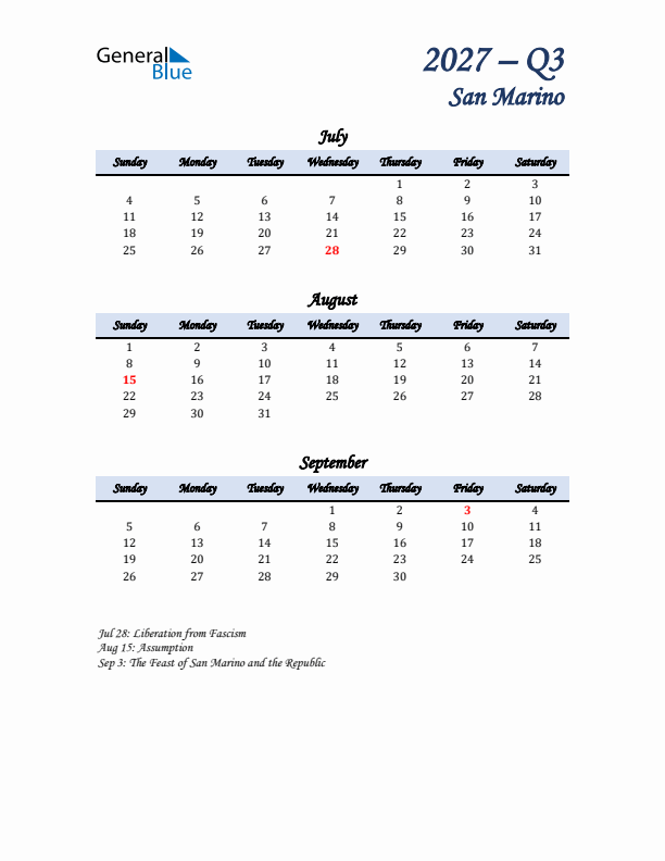 July, August, and September Calendar for San Marino with Sunday Start