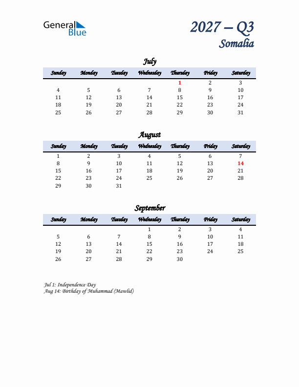 July, August, and September Calendar for Somalia with Sunday Start