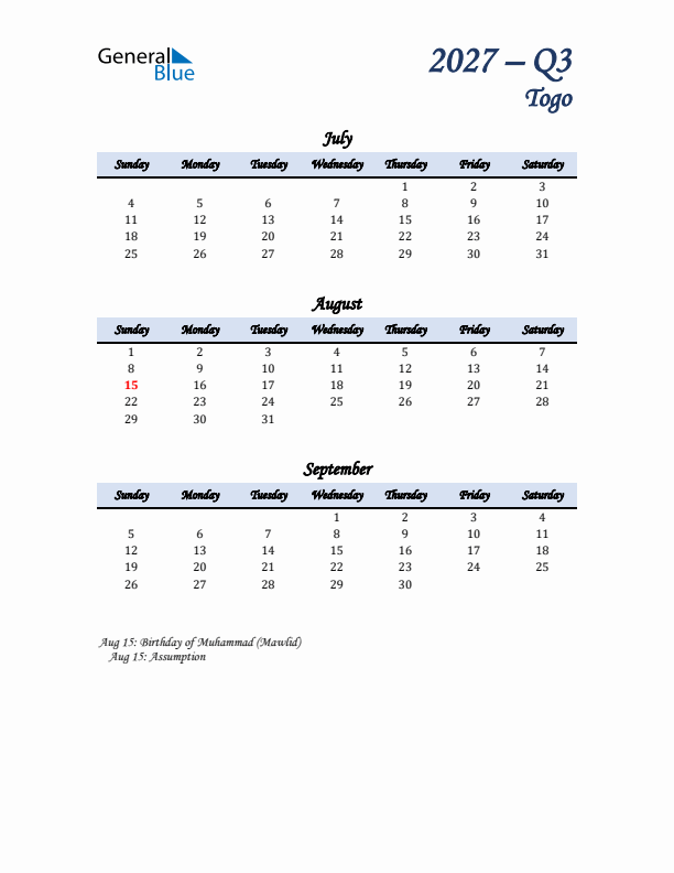 July, August, and September Calendar for Togo with Sunday Start