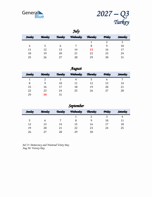 July, August, and September Calendar for Turkey with Sunday Start