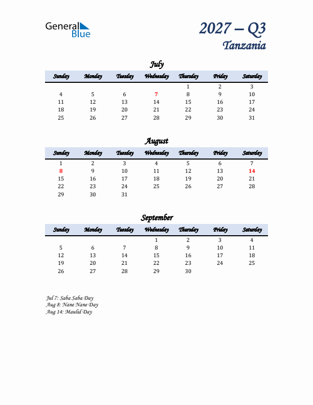 July, August, and September Calendar for Tanzania with Sunday Start