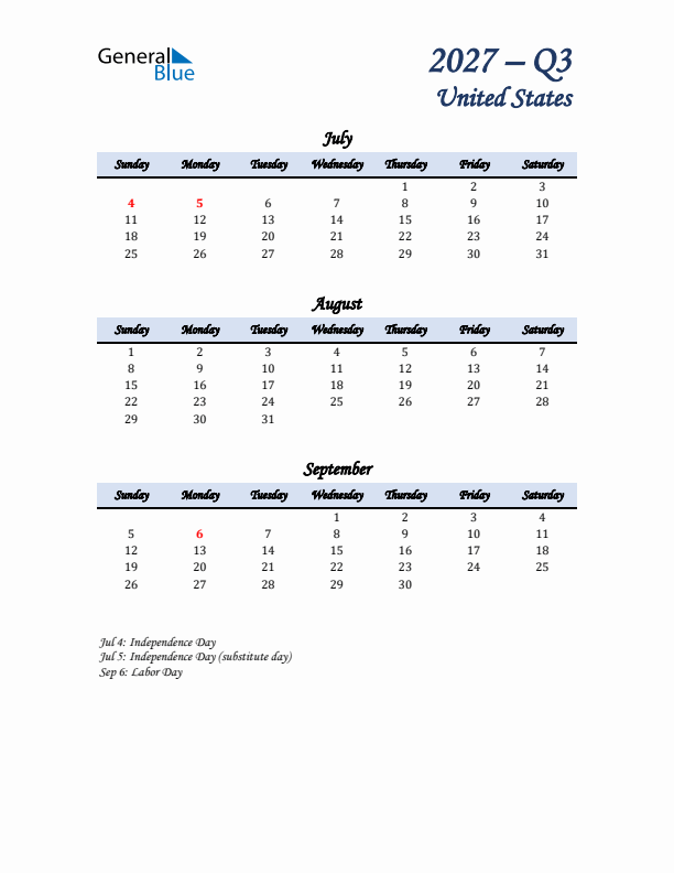 July, August, and September Calendar for United States with Sunday Start