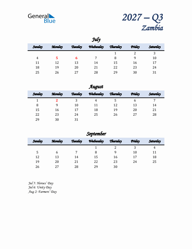 July, August, and September Calendar for Zambia with Sunday Start