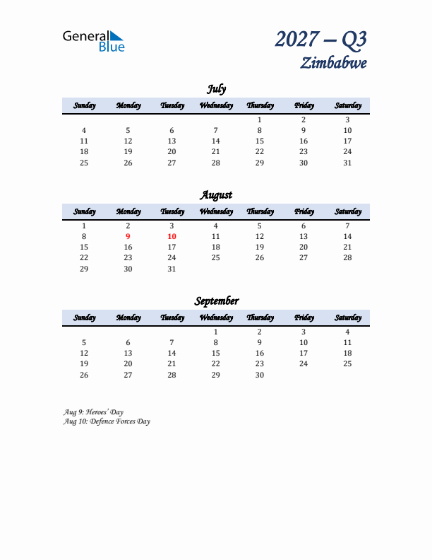 July, August, and September Calendar for Zimbabwe with Sunday Start