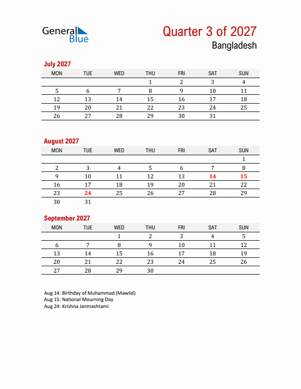 Printable Three Month Calendar with Bangladesh Holidays