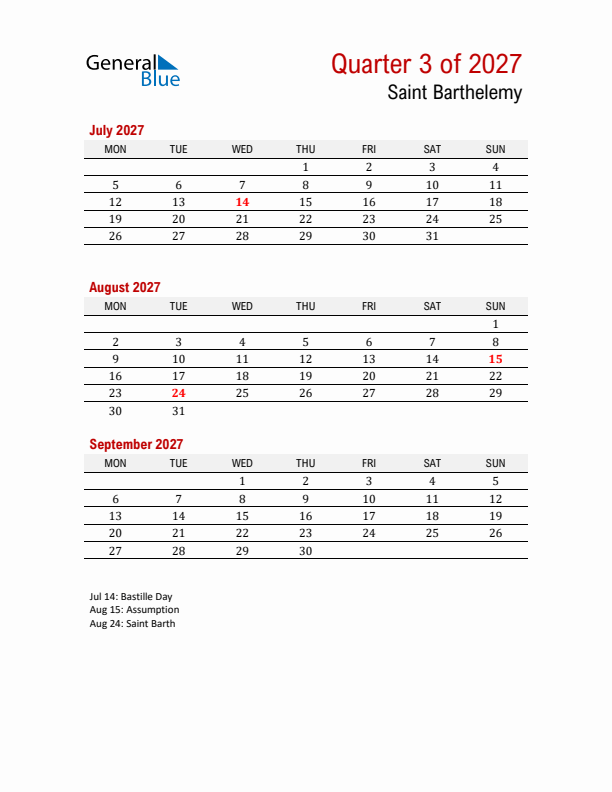 Printable Three Month Calendar with Saint Barthelemy Holidays