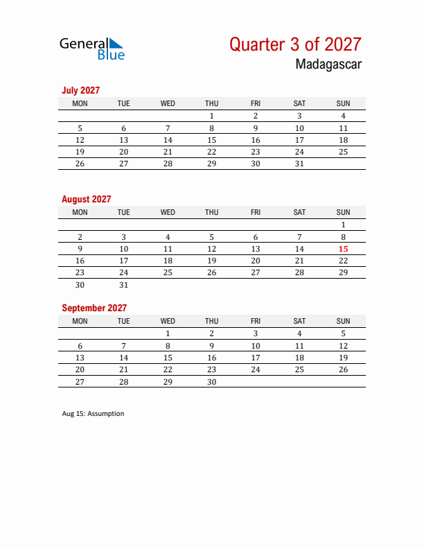 Printable Three Month Calendar with Madagascar Holidays