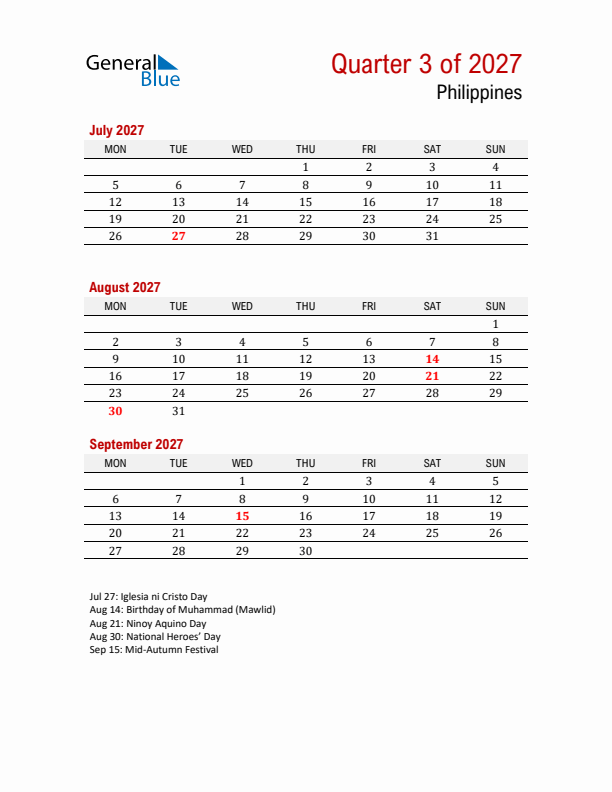 Printable Three Month Calendar with Philippines Holidays