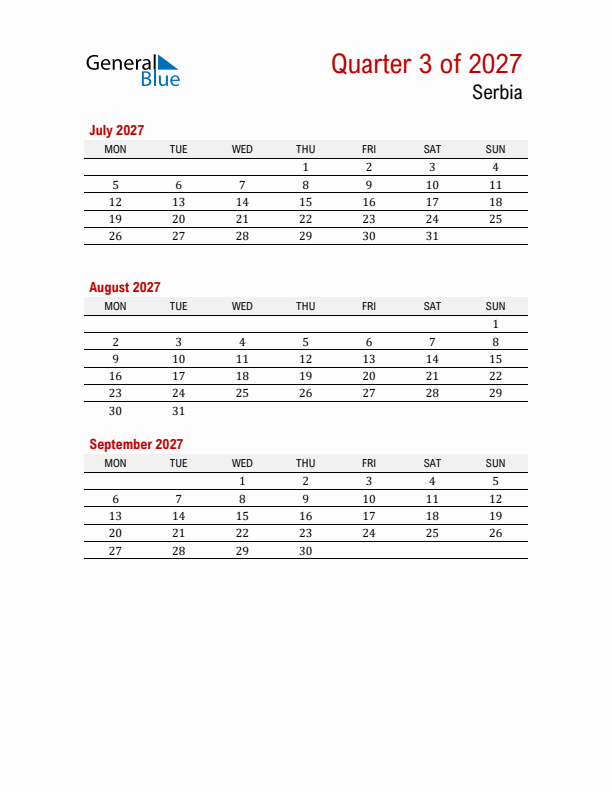 Printable Three Month Calendar with Serbia Holidays