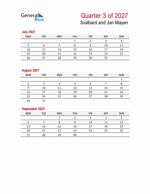 Printable Three Month Calendar with Svalbard and Jan Mayen Holidays