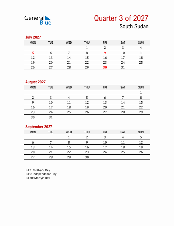 Printable Three Month Calendar with South Sudan Holidays