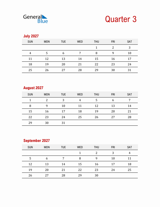 Three-Month Printable Calendar 2027