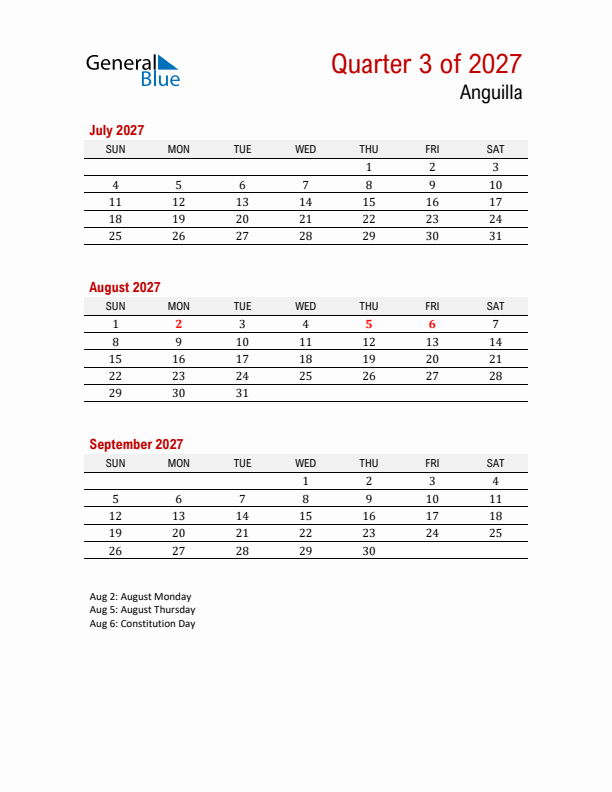 Printable Three Month Calendar with Anguilla Holidays