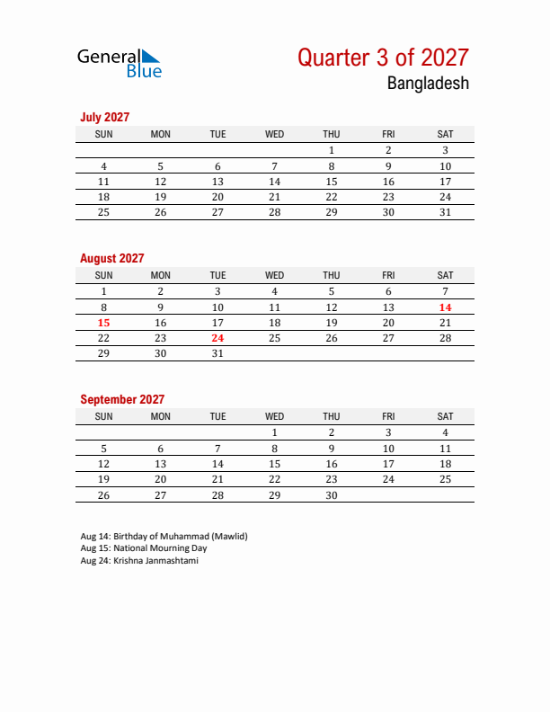 Printable Three Month Calendar with Bangladesh Holidays