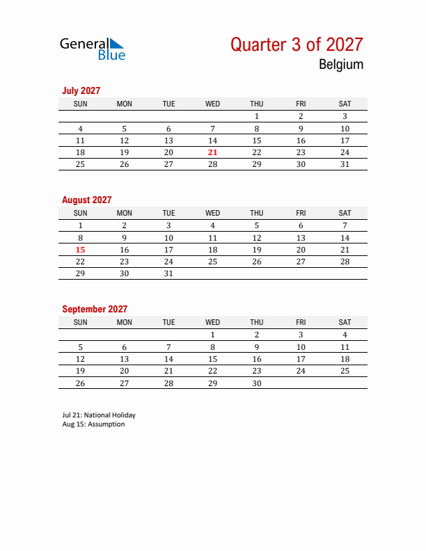 Printable Three Month Calendar with Belgium Holidays