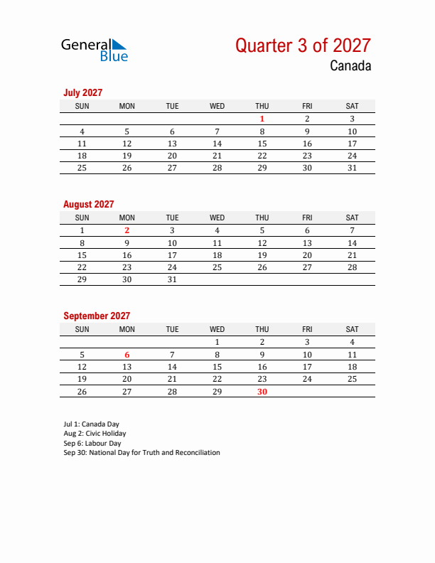 Printable Three Month Calendar with Canada Holidays