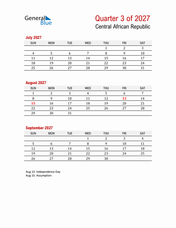 Printable Three Month Calendar with Central African Republic Holidays