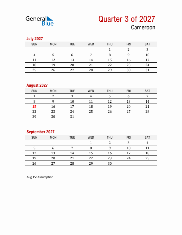 Printable Three Month Calendar with Cameroon Holidays