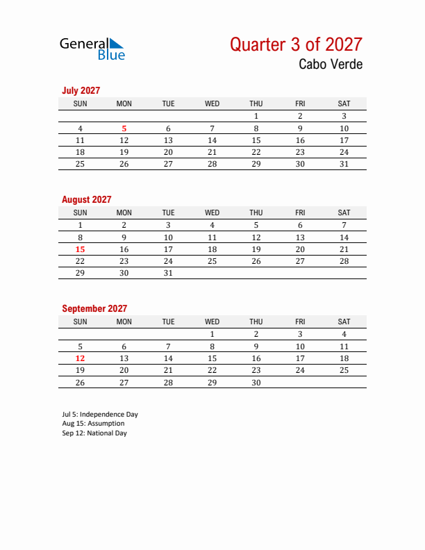 Printable Three Month Calendar with Cabo Verde Holidays