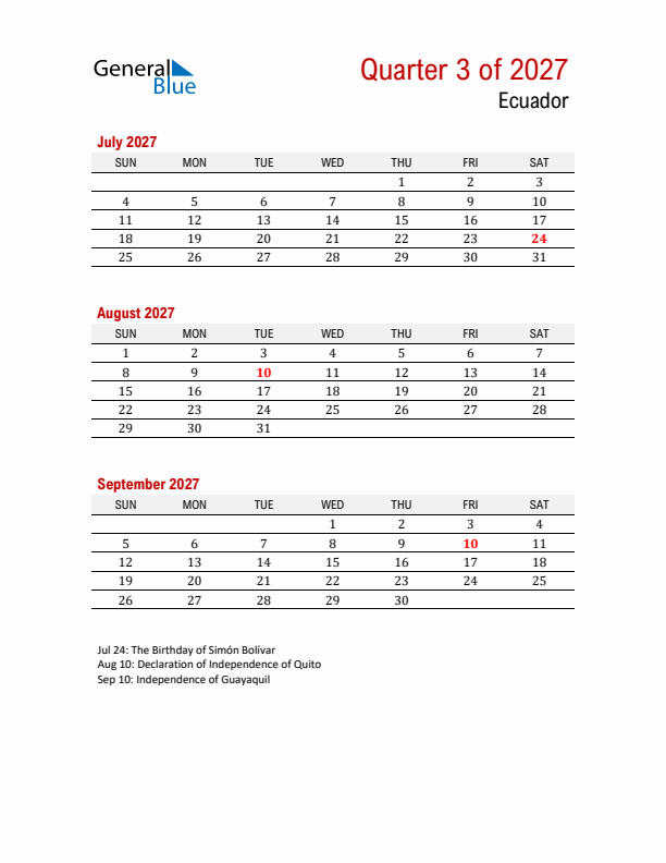 Printable Three Month Calendar with Ecuador Holidays