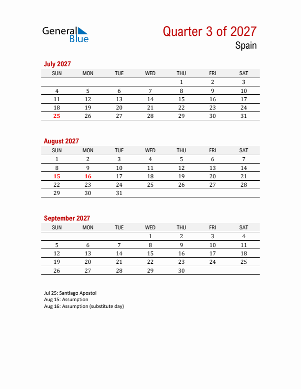 Printable Three Month Calendar with Spain Holidays