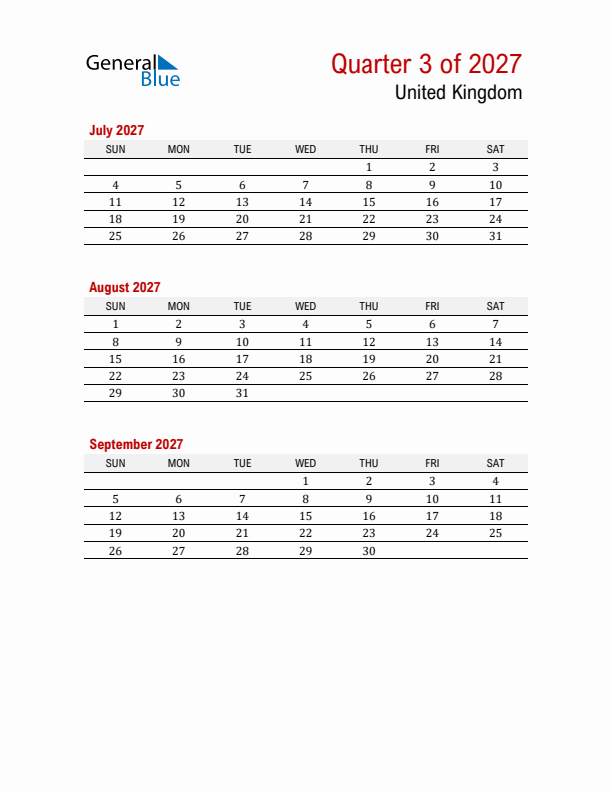 Printable Three Month Calendar with United Kingdom Holidays