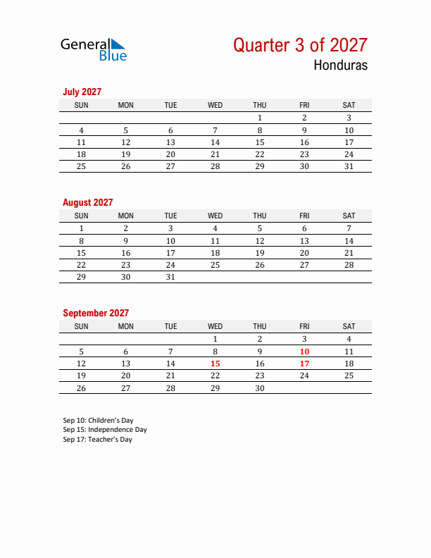 Printable Three Month Calendar with Honduras Holidays