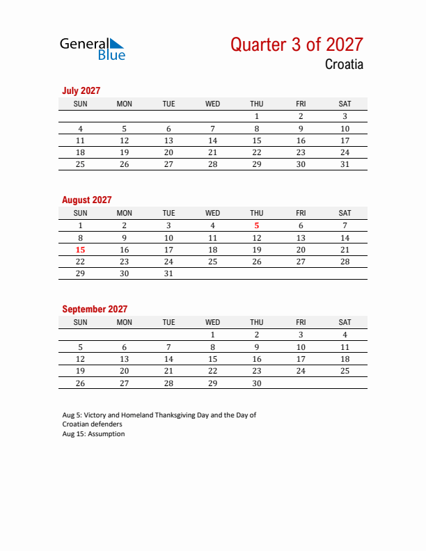 Printable Three Month Calendar with Croatia Holidays