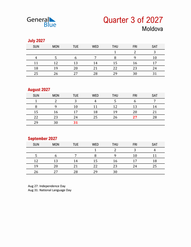 Printable Three Month Calendar with Moldova Holidays