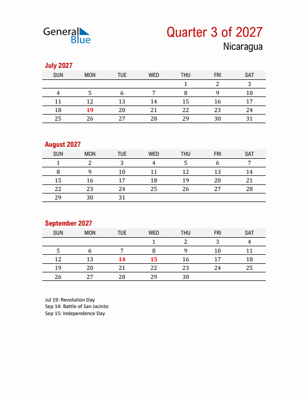 Printable Three Month Calendar with Nicaragua Holidays