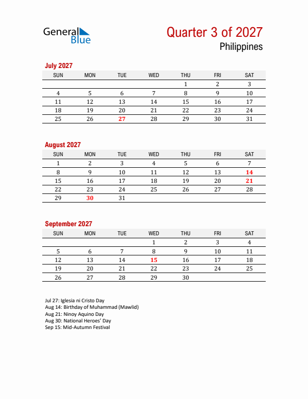 Printable Three Month Calendar with Philippines Holidays