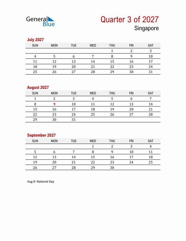 Printable Three Month Calendar with Singapore Holidays