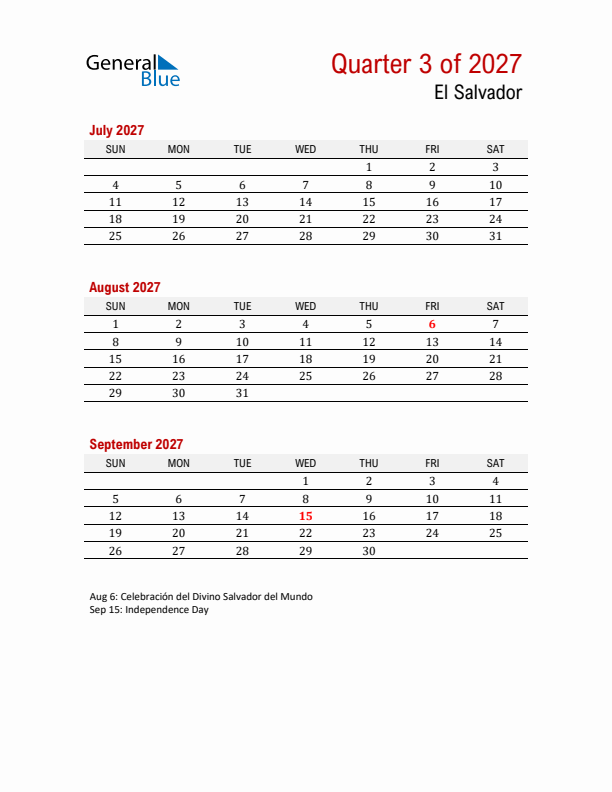 Printable Three Month Calendar with El Salvador Holidays