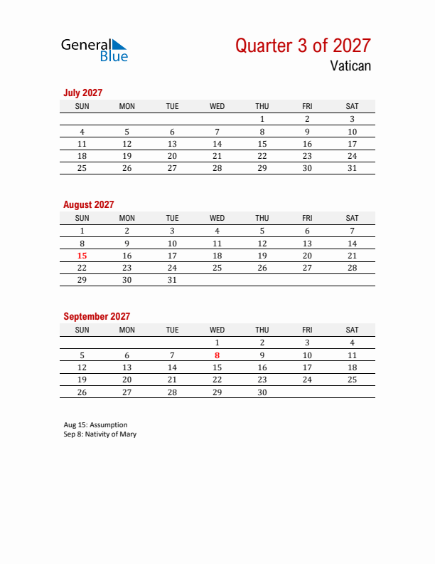 Printable Three Month Calendar with Vatican Holidays