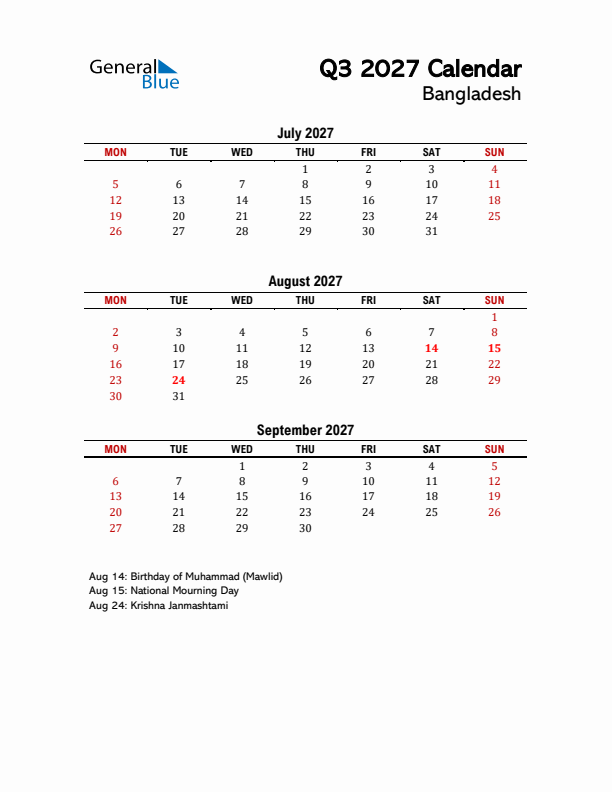 2027 Q3 Calendar with Holidays List for Bangladesh