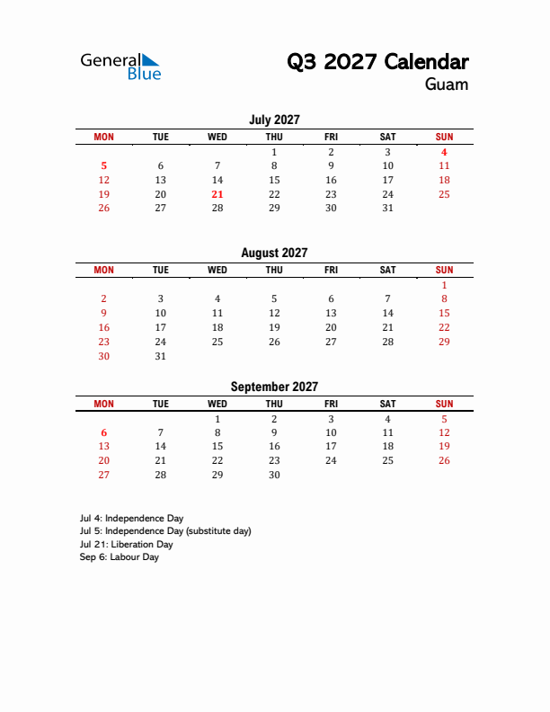 2027 Q3 Calendar with Holidays List for Guam