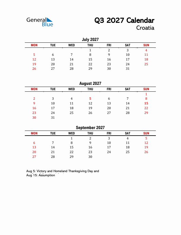 2027 Q3 Calendar with Holidays List for Croatia