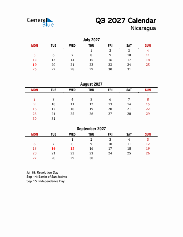 2027 Q3 Calendar with Holidays List for Nicaragua