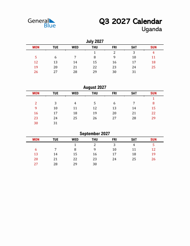 2027 Q3 Calendar with Holidays List for Uganda